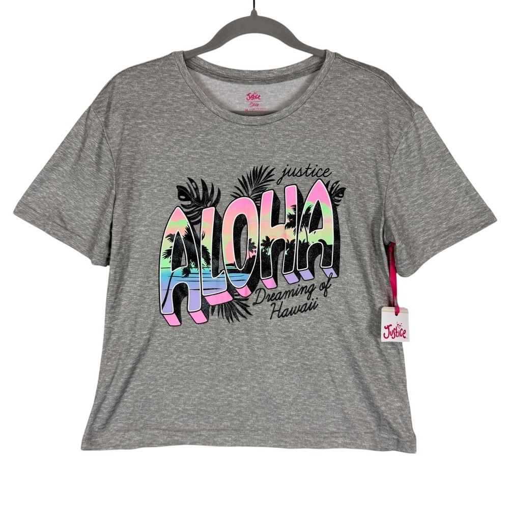 Justice Pajama Top Girls 14 Heather Gray Aloha Hawaii Graphic Sleep Shirt